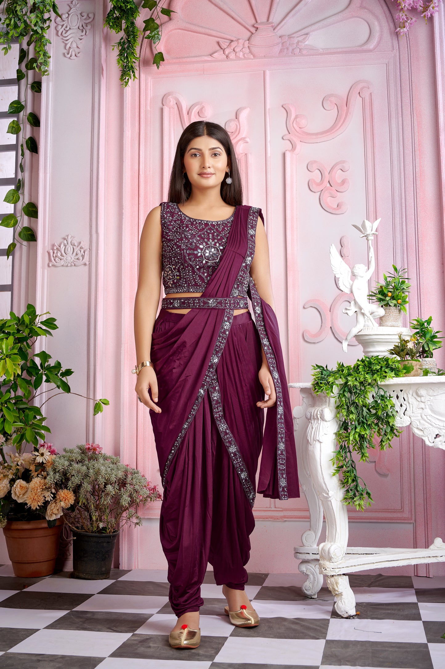 Designer  Ready To Wear Dhoti Saree with Mirror work And Ready To Wear Blouse with Mirror work