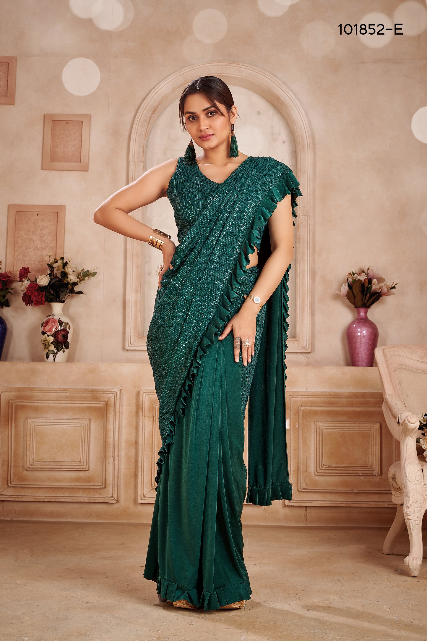 Designer Ready To Wear Regal frill Saree Dual tone with Sequin work And Ready To Wear Blouse with Sequin work