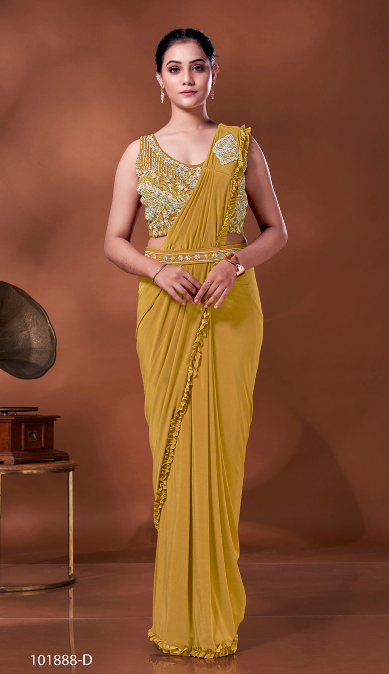 Designer  Ready To Wear frill Saree with mirror and bead work belt And Ready To Wear Blouse with mirror and bead work