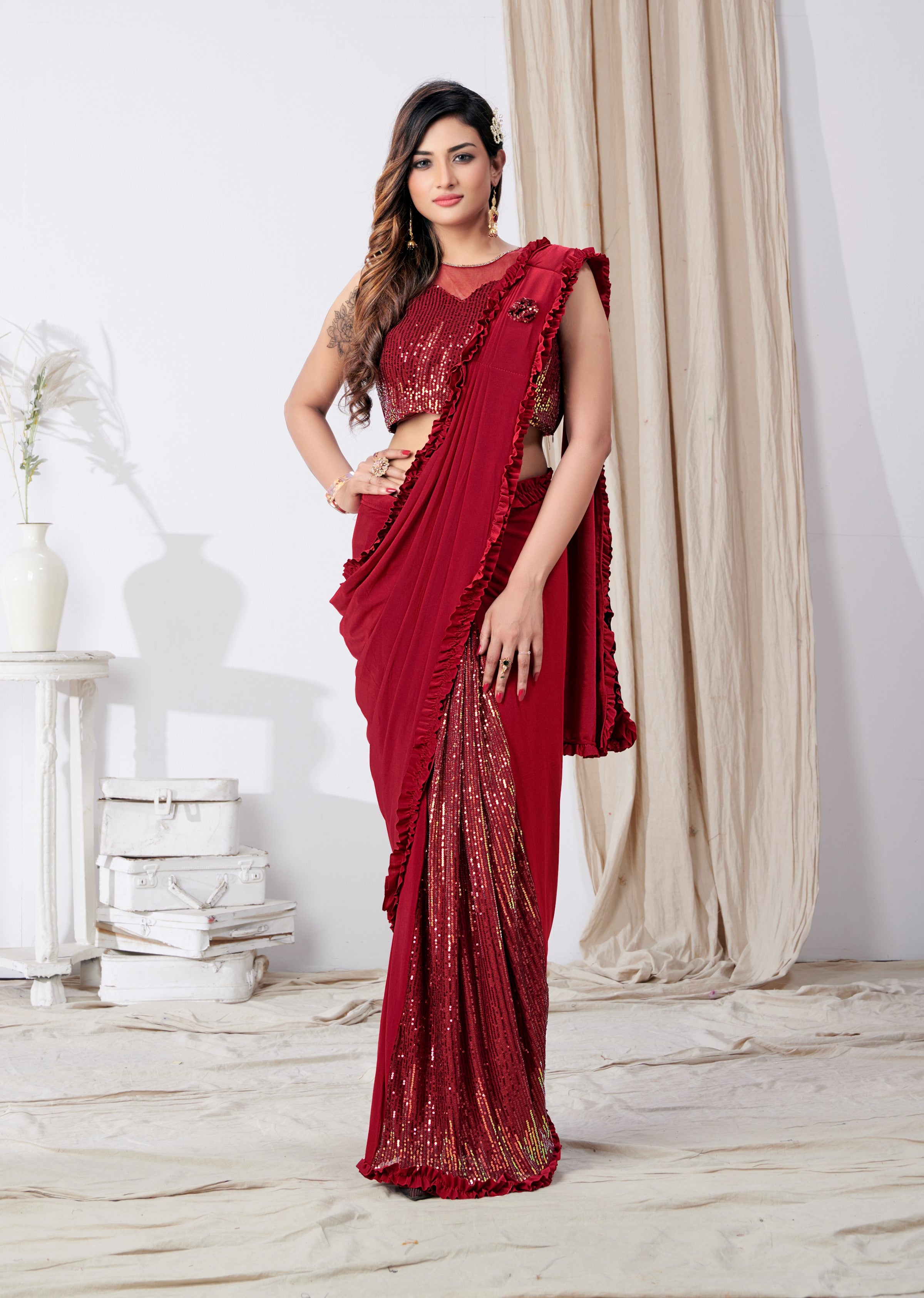 Spectacular Brown Colored Designer Ready To Wear Saree