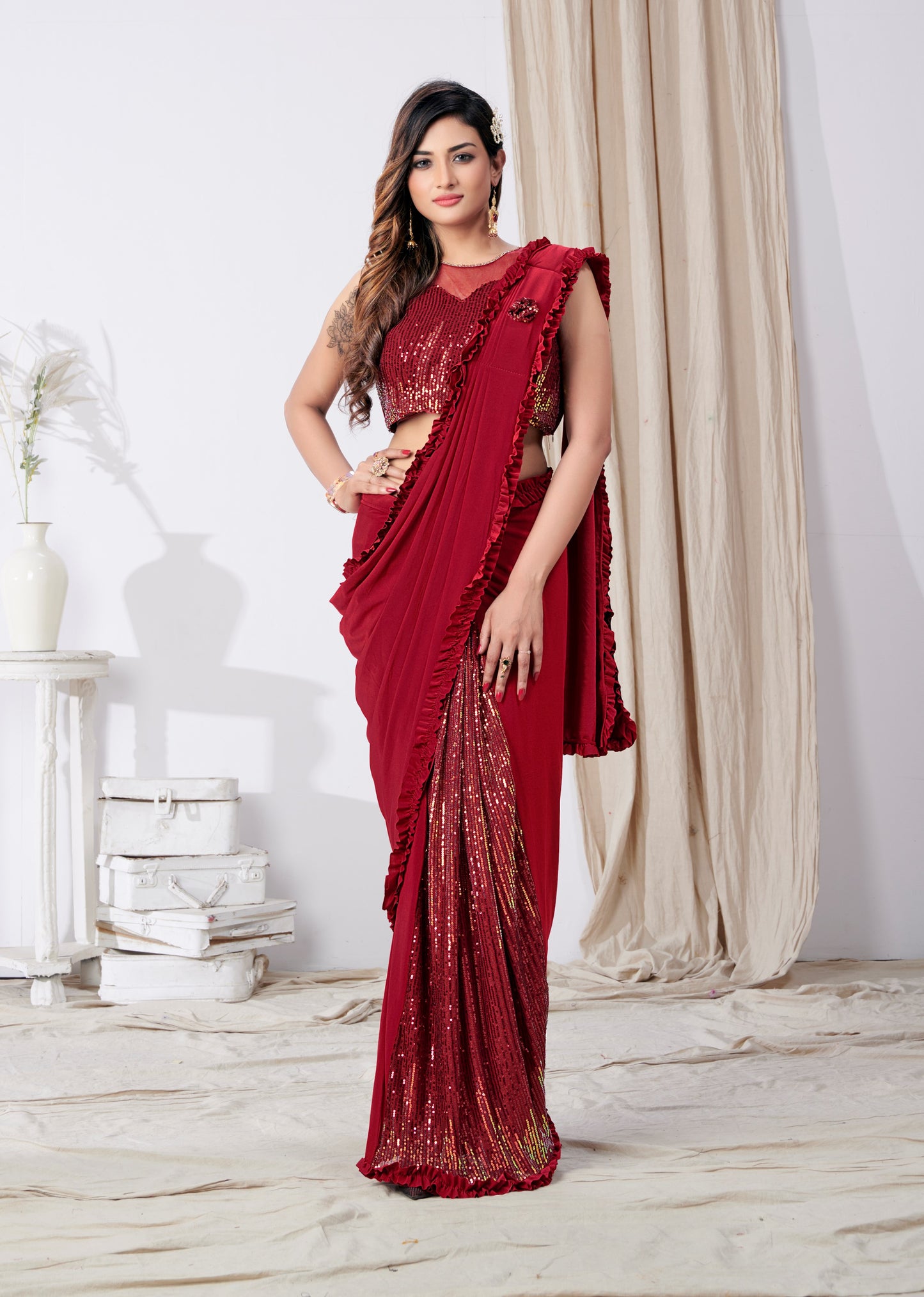 Designer  Ready To Wear frill Saree with Sequin work And Ready To Wear Blouse with Sequin work