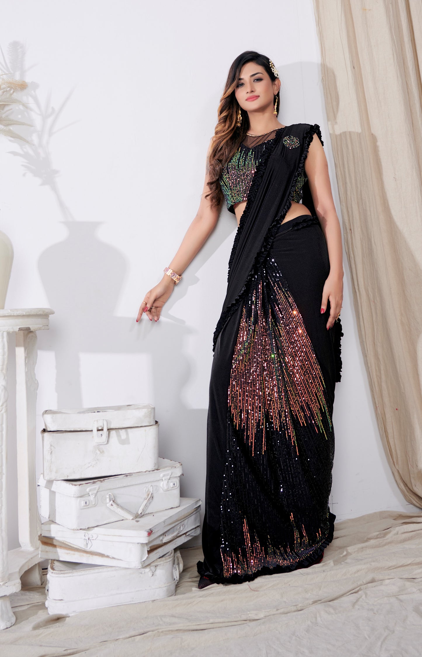 Designer  Ready To Wear frill Saree with Sequin work And Ready To Wear Blouse with Sequin work