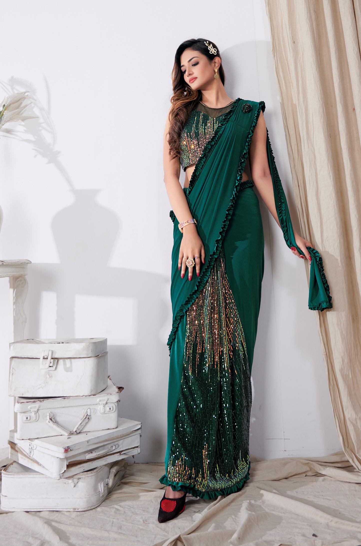 Green Sequin Ready to Wear Saree