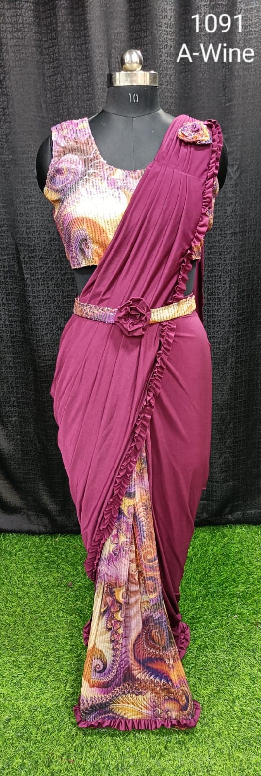 Designer  Ready To Wear frill dual type Saree with belt And Ready To Wear Blouse with Sequin work