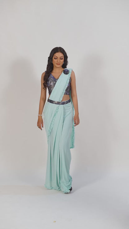 Designer  Ready To Wear Frill Saree, belt And Ready To Wear printed Blouse