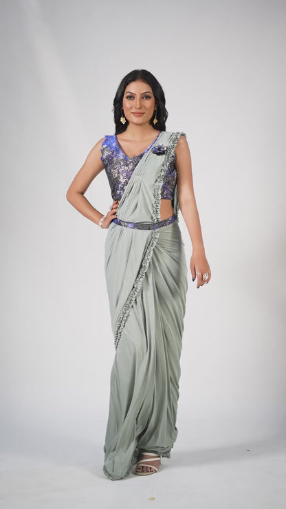 Designer  Ready To Wear Frill Saree, belt And Ready To Wear printed Blouse