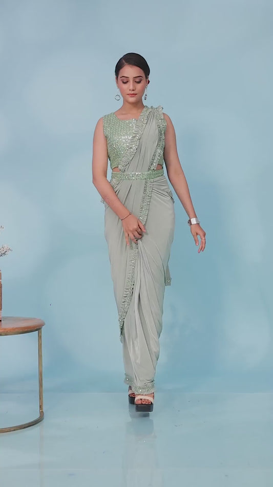 Designer Ready To Wear Sequin frill Saree with Ready To Wear Sequin Blouse and Sequin belt